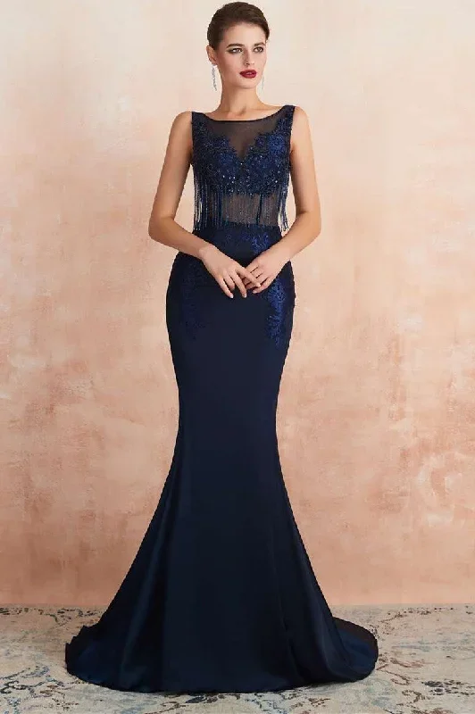 Navy Blue Beaded Fringe Long Mermaid Dress