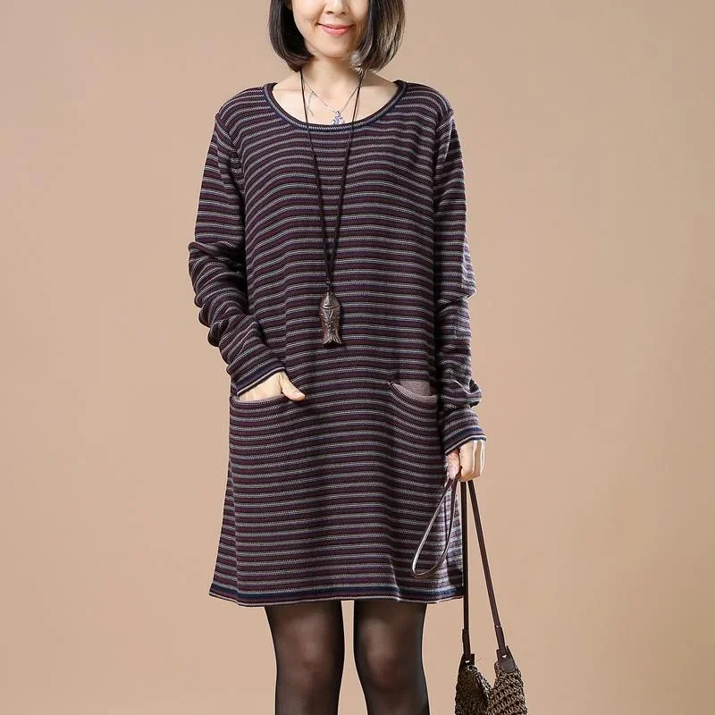 New navy striped sweater dresses plus size clothing pullover Elegant split pockets pullover sweater