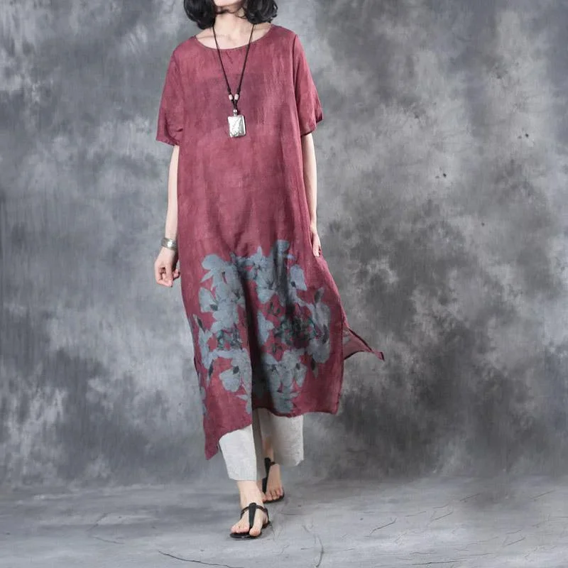 new summer burgundy prints linen casual dresses oversize vintage sundress o neck maxi dress