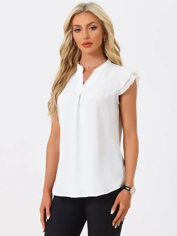 V Neck Ruffle Cap Sleeves Solid Elegant Blouse