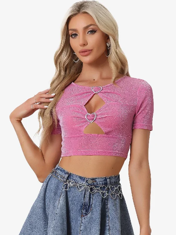 Party Glitter Shiny Short Sleeves Cut Out Crop Tops