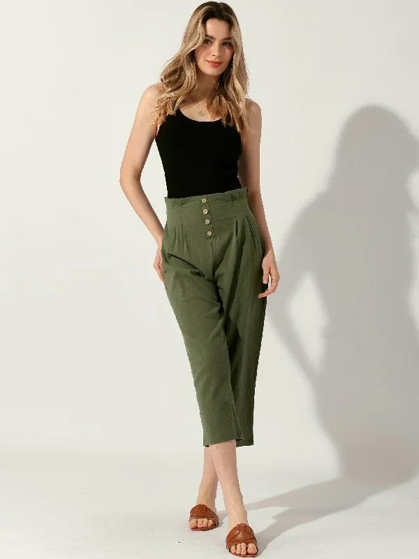 CottonElastic Waist Lightweight Buttons Casual Capris Trousers Pants