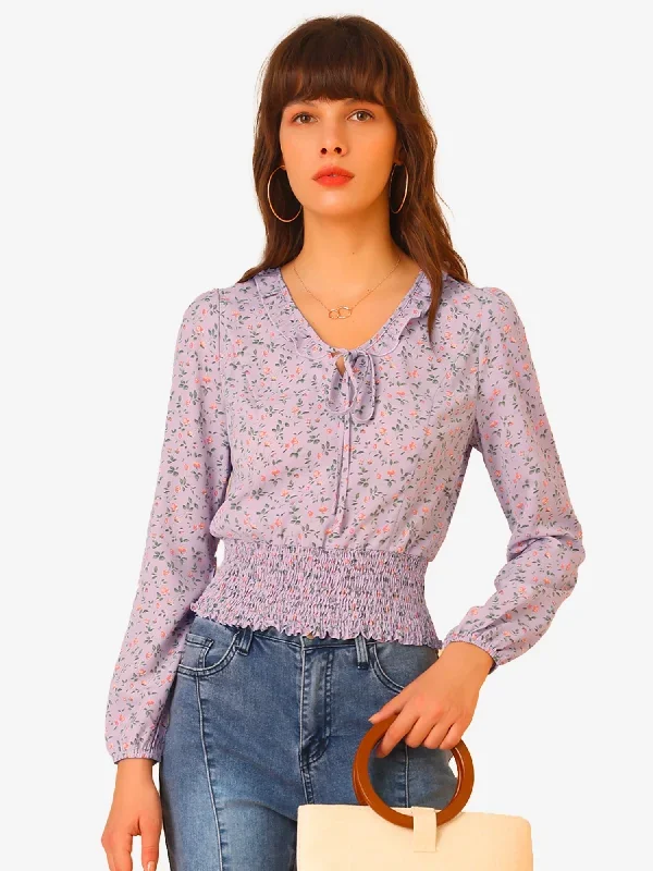 Floral Tie Neck Ruffle Collar Long Sleeve Smocked Waist Top