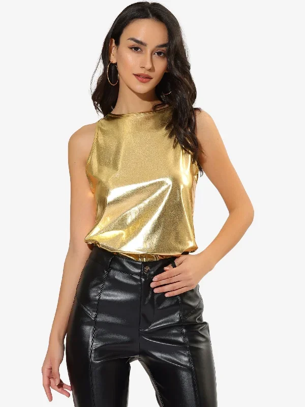 Party Shiny Sleeveless Camisole Club Shimmer Metallic Tank Top