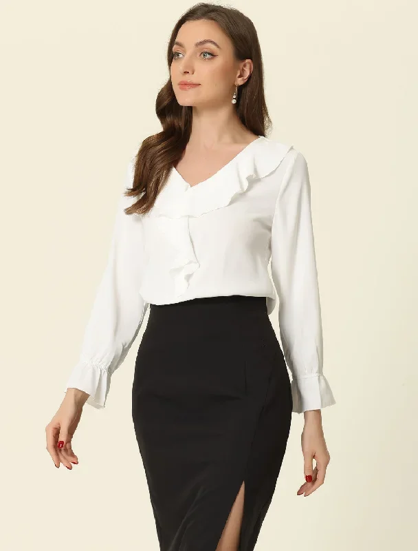 Polyester H Line Ruffle Neck Gathered Cuff Blouse