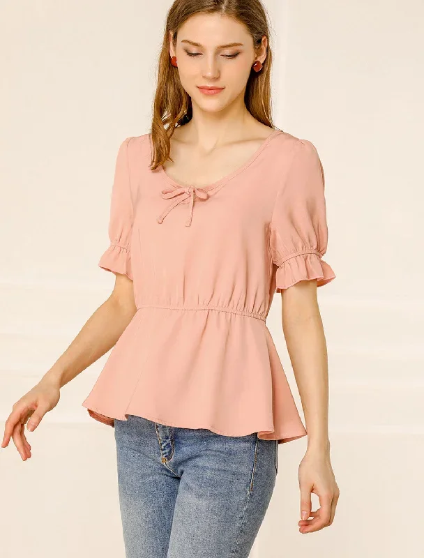 Peplum Top Elastic Waist Scoop Neck Short Puff Sleeve Blouse