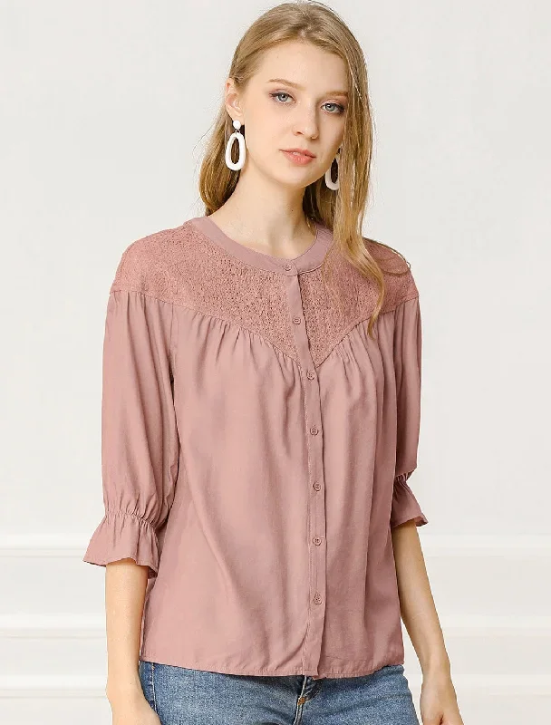 Lace Panel Blouse 3/4 Sleeve Round Neck Button Down Shirt