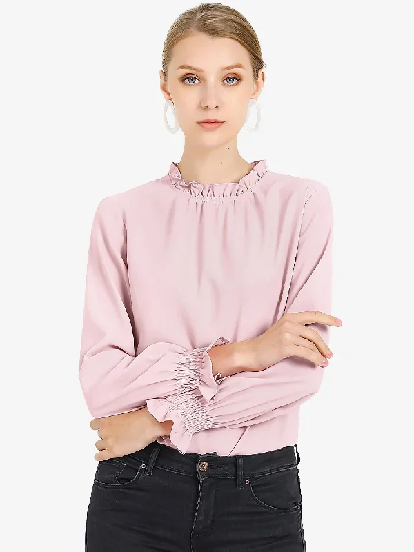 Casual Work Long Sleeve Blouse Ruffle Mock Neck Top