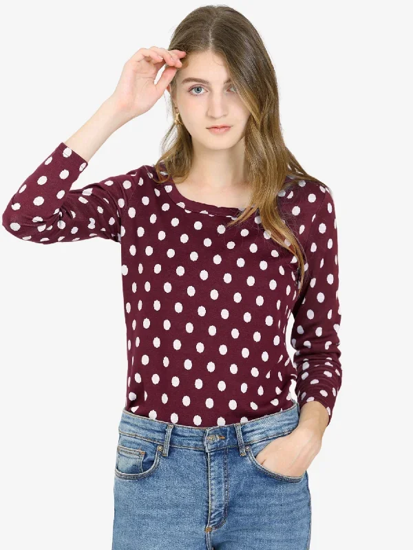 Cotton Slim Scoop Neck Stretchy Long Sleeve Polka Dots Sweater