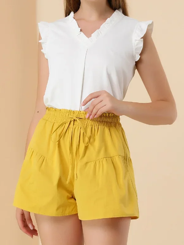 Casual Side Pockets Wide Leg Elastic Waisted Cotton Shorts