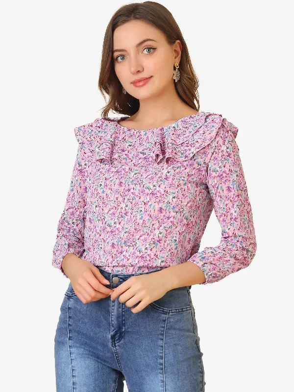 Ruffle Long Sleeve Round Neck Floral Blouse