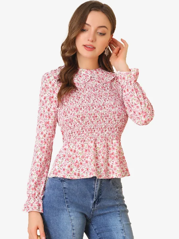 Peter Pan Collar Long Sleeve Casual Chiffon Floral Smocked Top