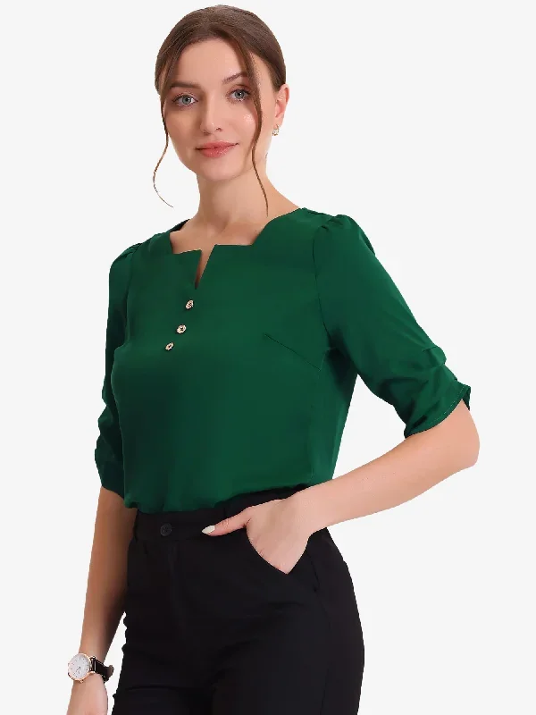Square Neck Pleated Tops Ruched Sleeve Chiffon Office Work Blouse