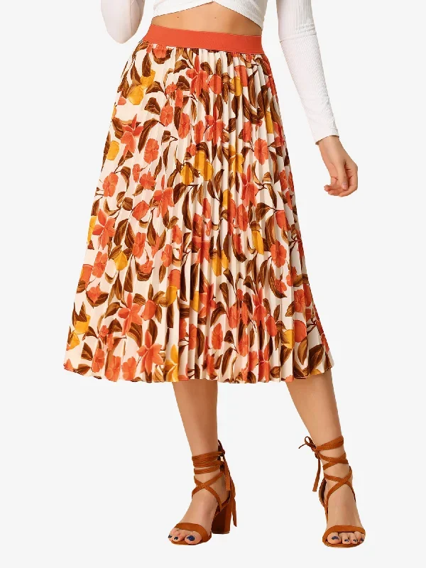 Pleated Midi Floral A-Line Elastic High Waist Summer Skirt