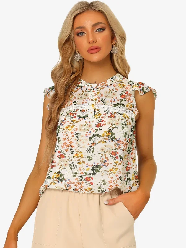 Floral Crew Neck Cap Sleeve Ruffle Trim Chiffon Blouse