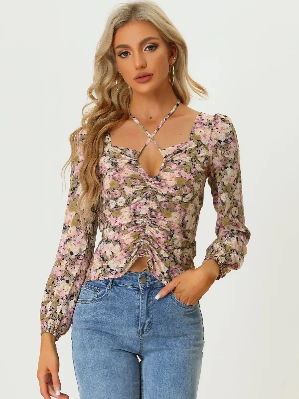 Crisscross Keyhole Halter Neck Cut Out Long Sleeve Floral Blouse