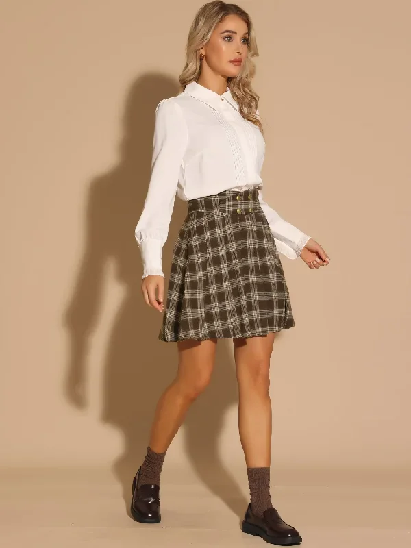 Vintage Plaid Double Breasted A-Line Pleated Mini Skirt