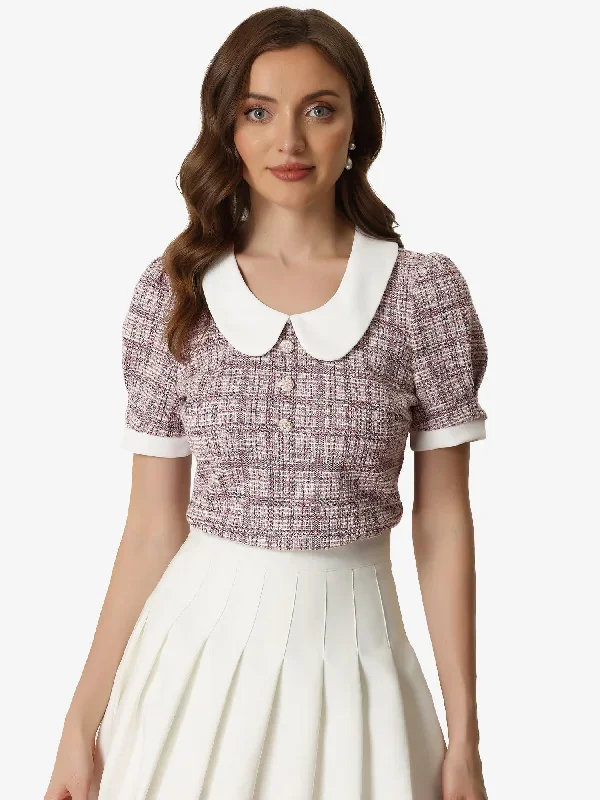 Tweed Top Button Decor Peter Pan Collar Blouse