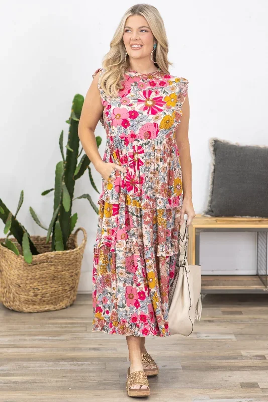 Pink Floral Print Ruffle Maxi Dress