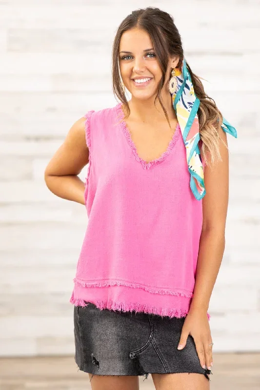 pink-linen-blend-fray-hem-v-neck-tank