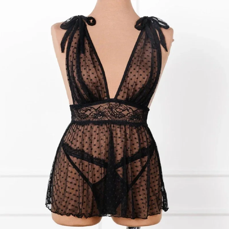 Polka Dot Mesh Babydoll - Black