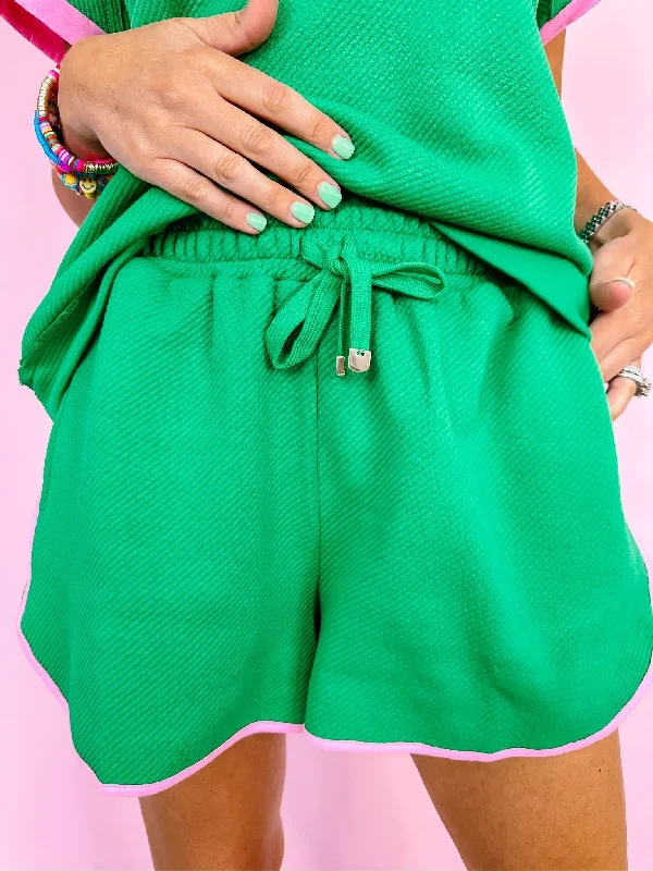 RITA RIBBED PINK TRIM SHORT - GREEN