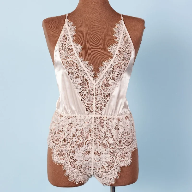 Satin & Eyelash Lace Romper - Champagne