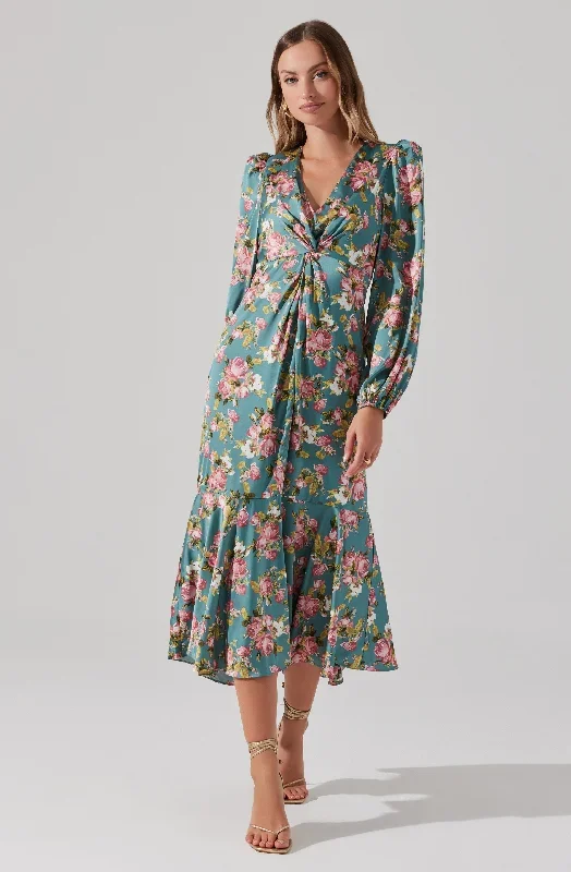 Satin Floral Twist V-Neck Midi Dress