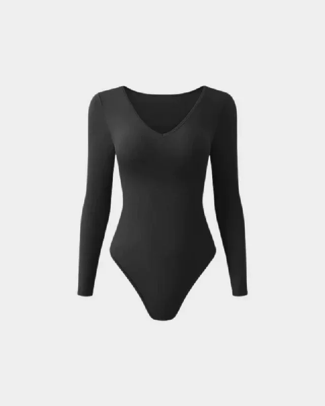 SheCurve Sexy Ribbed V Neck Long Sleeve Bodysuits