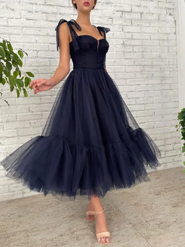 Simple Tulle Short Blue Prom Dress, Tulle Short Puffy Dark Blue Homecoming Dress