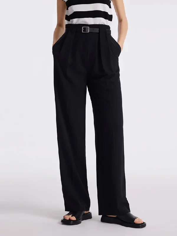 Straight Pleated Women Pants With Belt