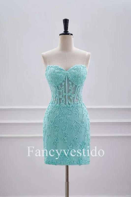 Strapless Aqua Blue Corset Tight Homecoming Dress with Appliques