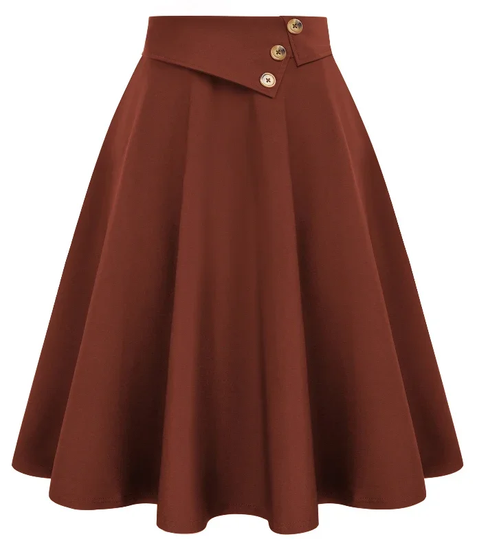 Vintage A-Line Skirt High Waisted Midi Skirt with Pockets & Buttons