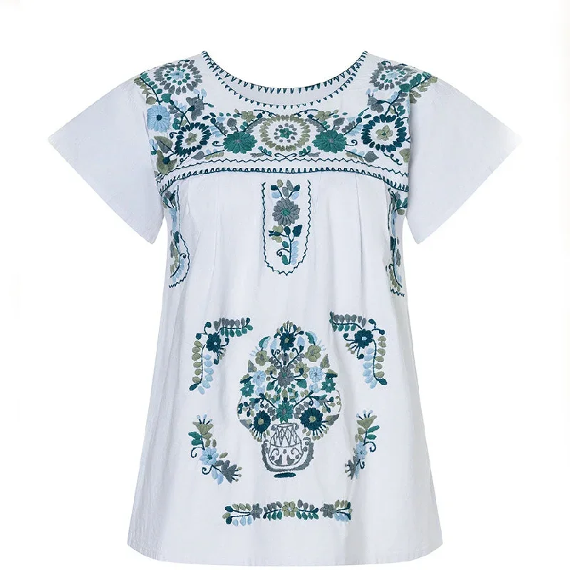 EMBROIDERED COTTON TOP ""AQUA"" IN WHITE