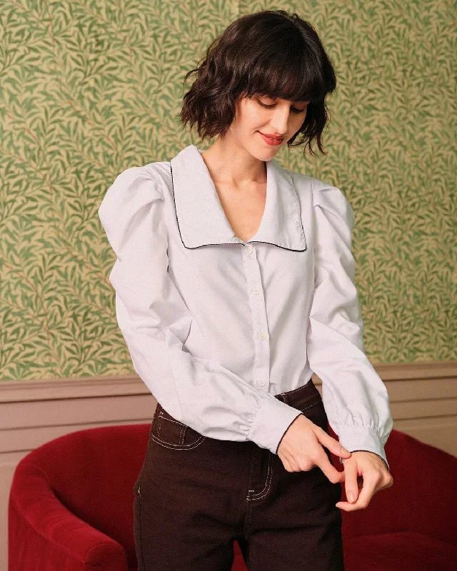 The Solid Ruched Sleeve Collared Blouse