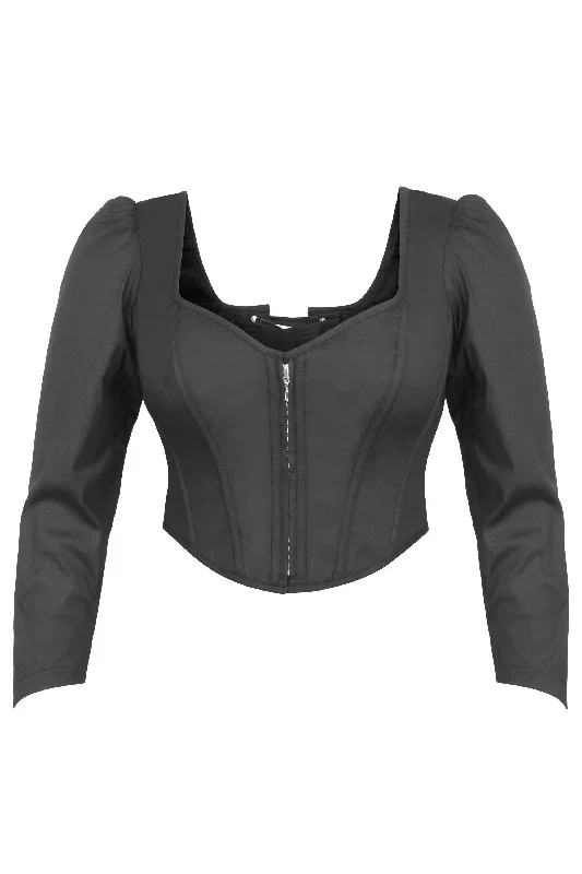 Theodora Black Stretch Cotton Corset Top with Long Sleeves