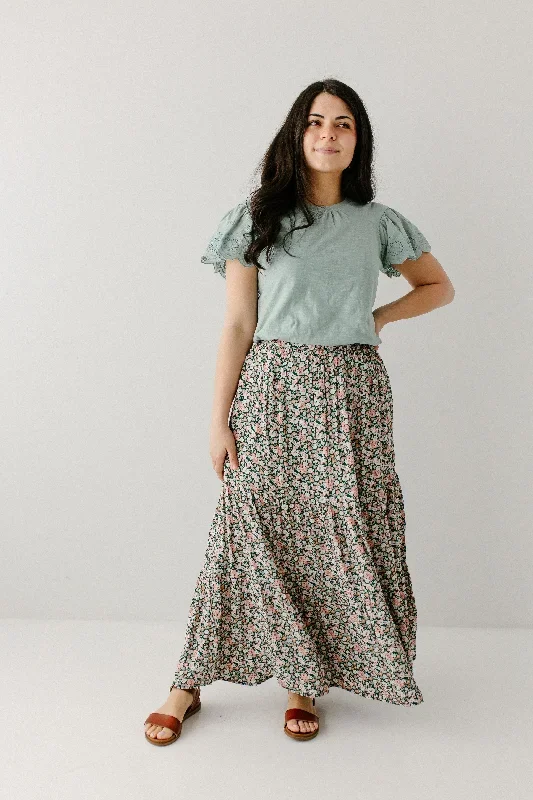 'Veronica' Blossom Floral Maxi Skirt in Deep Green