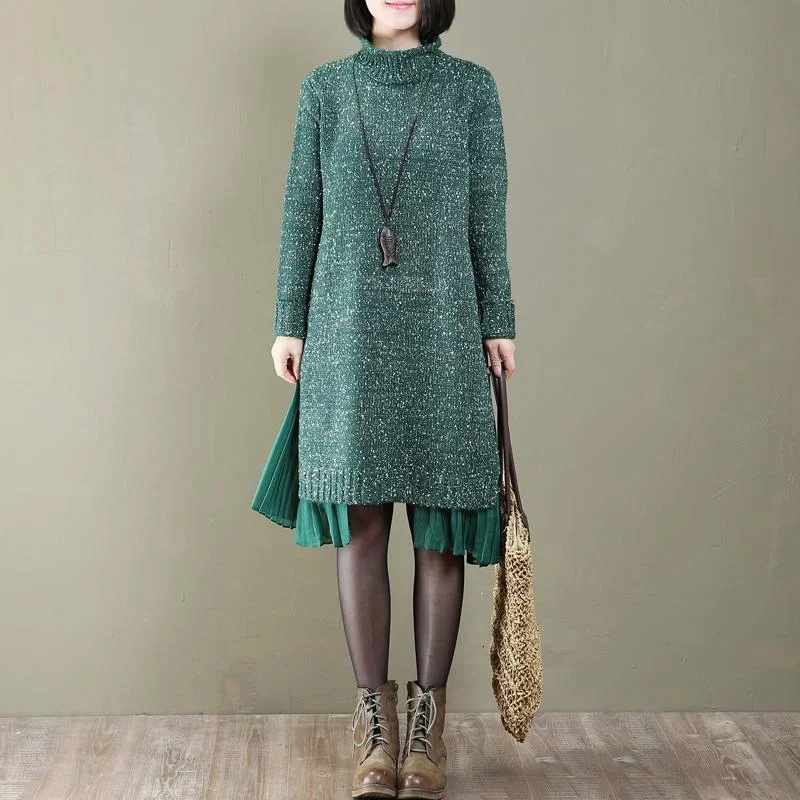 warm green pleated patchwork sweater dress oversize long knit sweaters Fine sweaters