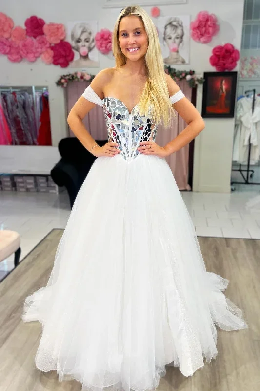 White Cut Glass Mirror Off-the-Shoulder Prom Gown