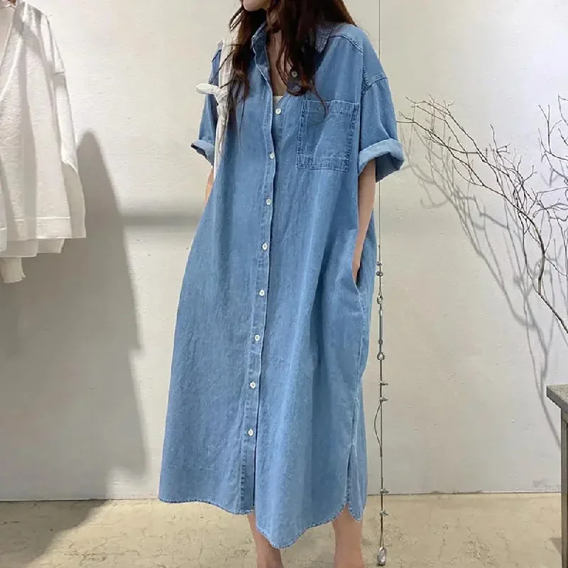 Women Shirt Dress Turn-down Collar Half Sleeve Multi Pockets Denim Dress Loose Button-down Solid Shirt Midi Dress Long Coat