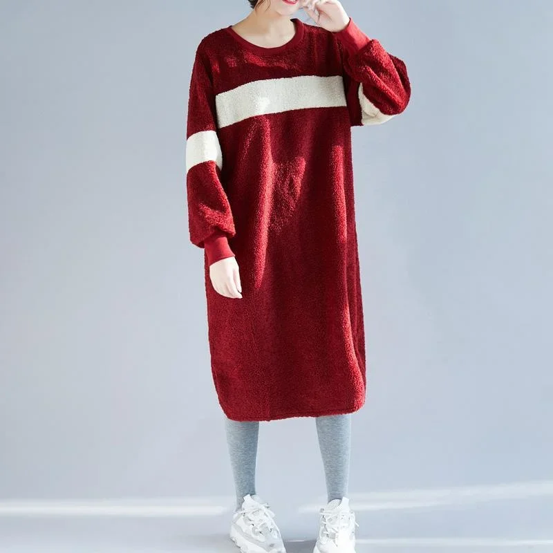 Women Sweater dress outfit o neck pockets burgundy baggy knitwear