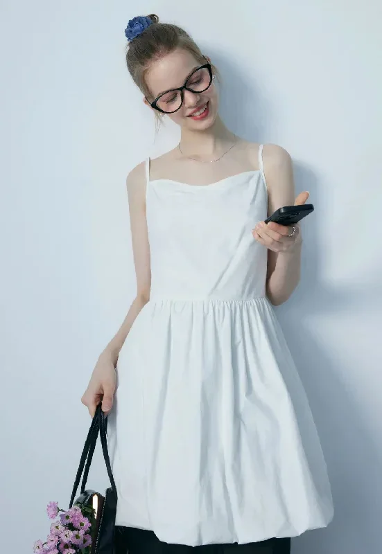 Women's White Summer Dress with Spaghetti Straps and Gathered Waist Detail